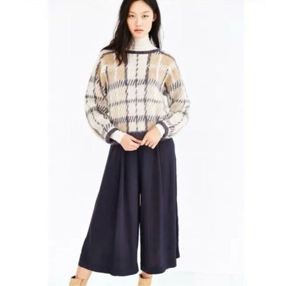 J.O.A. Natural Cozy Plaid Pullover Sweater Fuzzy Mohair Wool Checked Boxy Medium - Picture 1 of 13